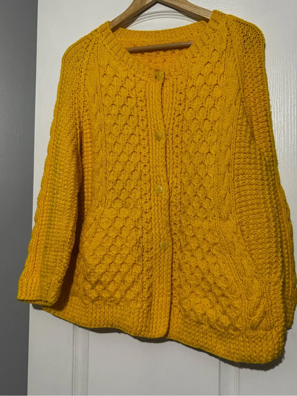 Vintage Plus Size Chunky Knit Button-Front waffle knit Sweater Cardigan - Yellow